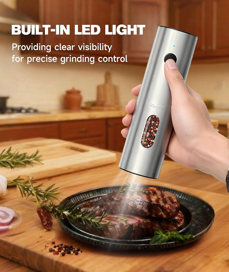 Ringo Ringco Electric Salt and Pepper Grinder Set with Charging Base, Rechargeable Salt and Pepper Mill with Adjustable Coarseness, LED Light, 110ml Large Capacity for Kitchen, Outdoors, Christmas Gift - Image 4